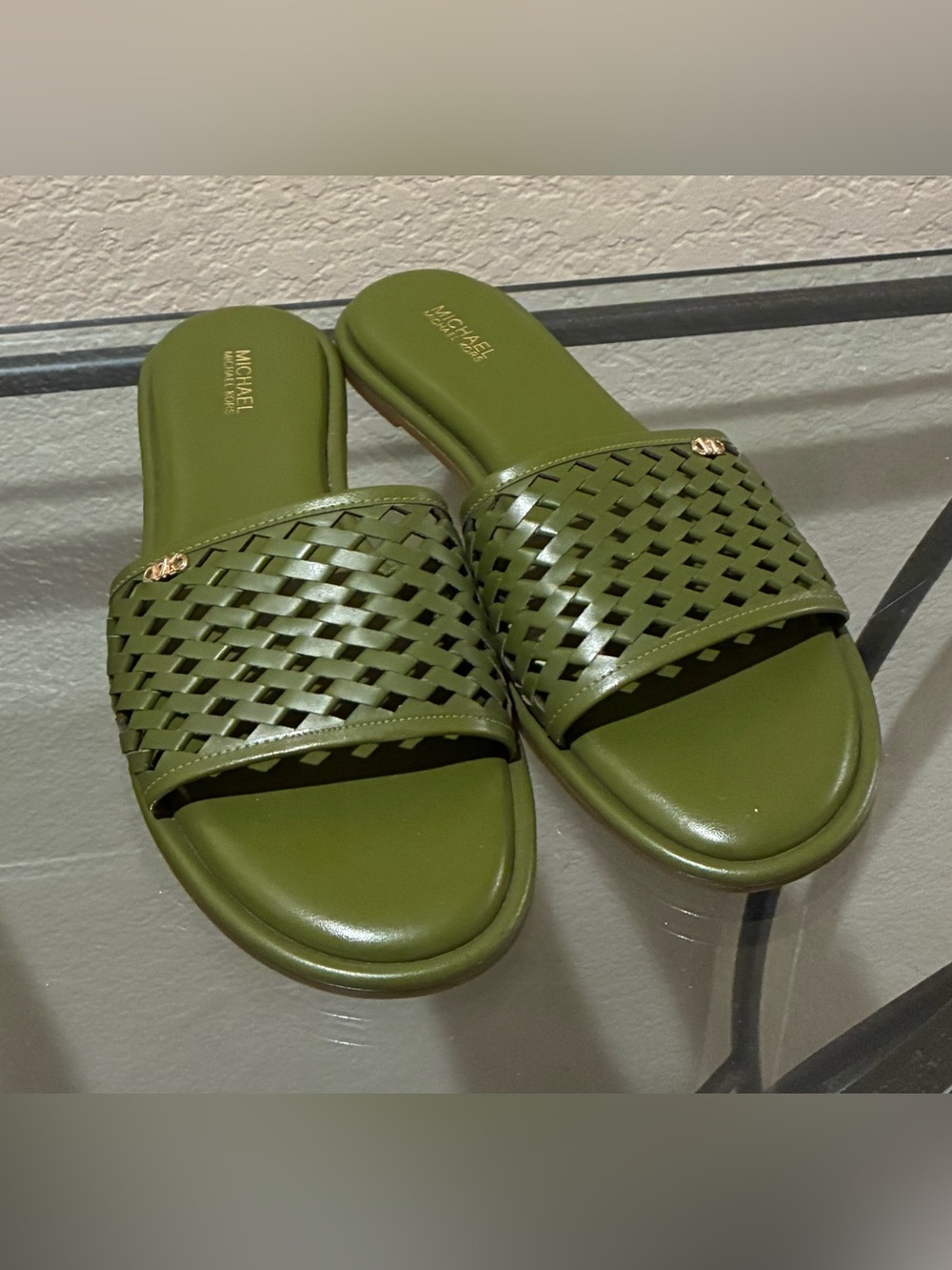 Michael Kors Green Woven leather Slide Sandals